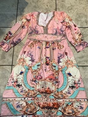 Soft Pink Floral Maxi Dress with Turquoise Accents